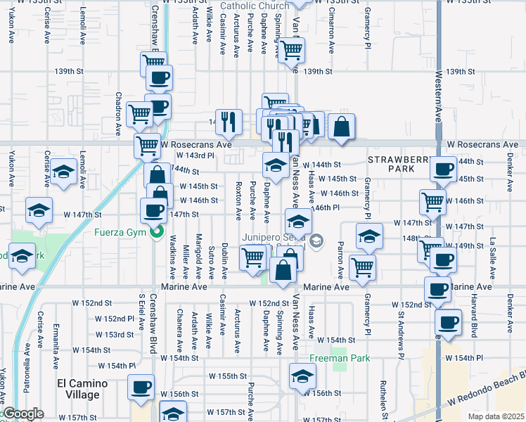 map of restaurants, bars, coffee shops, grocery stores, and more near 14623 Daphne Avenue in Gardena