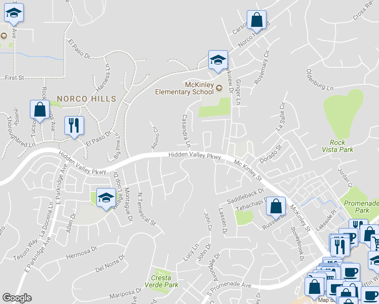 map of restaurants, bars, coffee shops, grocery stores, and more near 1000 Casandra Lane in Corona