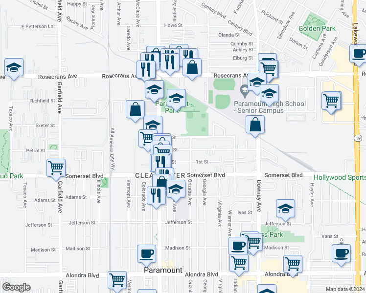 map of restaurants, bars, coffee shops, grocery stores, and more near 8059 2nd Street in Paramount