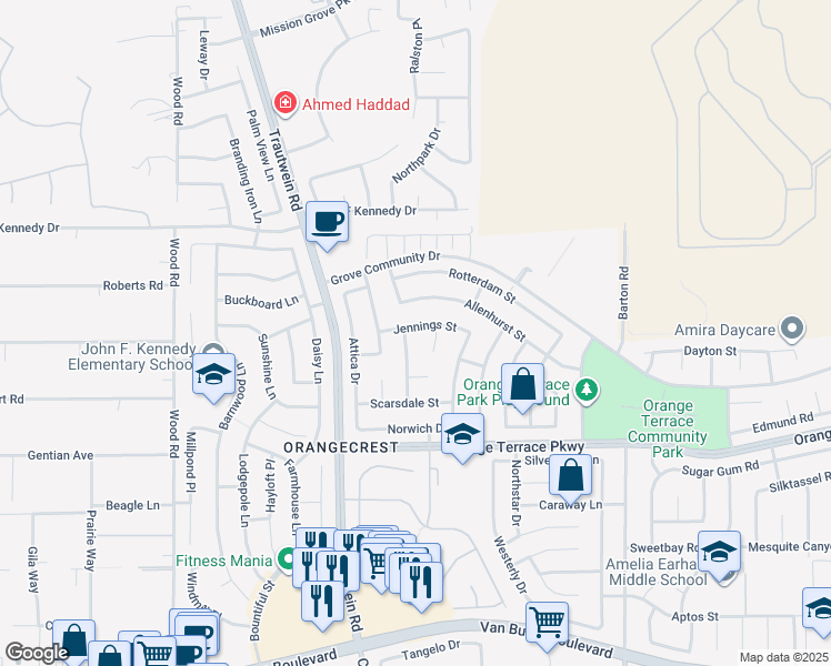 map of restaurants, bars, coffee shops, grocery stores, and more near 19459 Jennings Street in Riverside