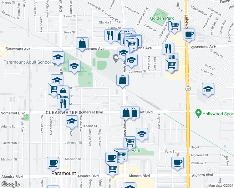 map of restaurants, bars, coffee shops, grocery stores, and more near 8427 2nd Street in Paramount