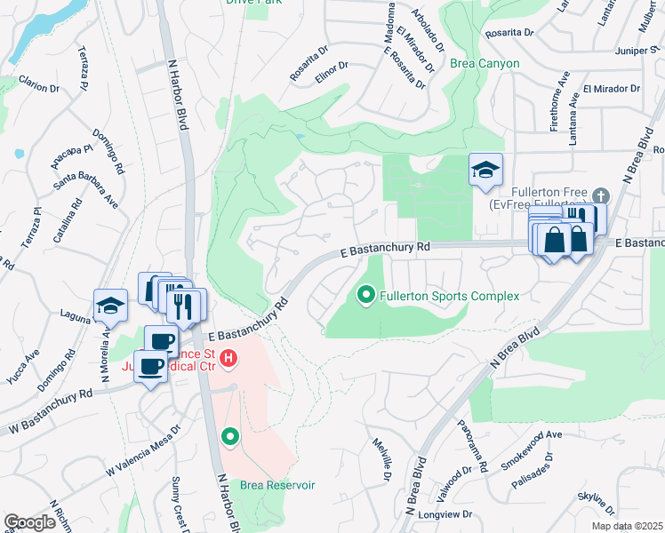 map of restaurants, bars, coffee shops, grocery stores, and more near 2577 Sunflower Street in Fullerton