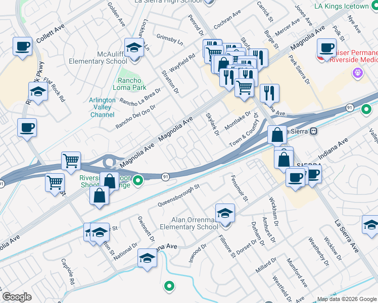 map of restaurants, bars, coffee shops, grocery stores, and more near 3701 Fillmore Street in Riverside