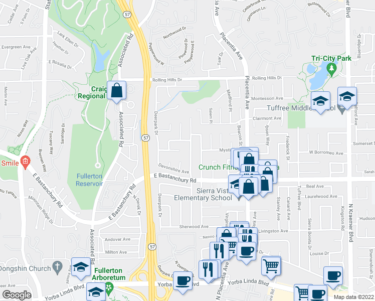 map of restaurants, bars, coffee shops, grocery stores, and more near 2453 Hartford Avenue in Fullerton