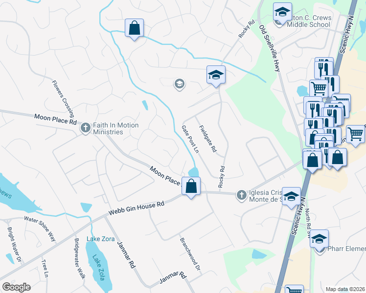 map of restaurants, bars, coffee shops, grocery stores, and more near 2100 Milfield Circle in Snellville