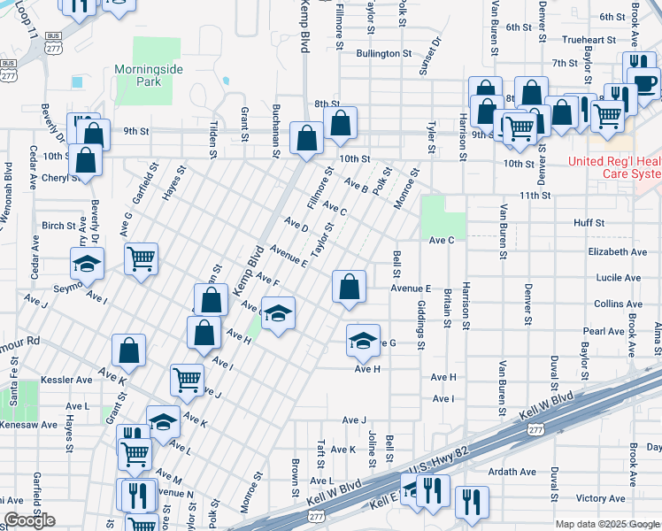 map of restaurants, bars, coffee shops, grocery stores, and more near 1410 Polk Street in Wichita Falls