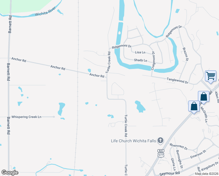 map of restaurants, bars, coffee shops, grocery stores, and more near 1748 Eagle Ridge Circle in Wichita Falls