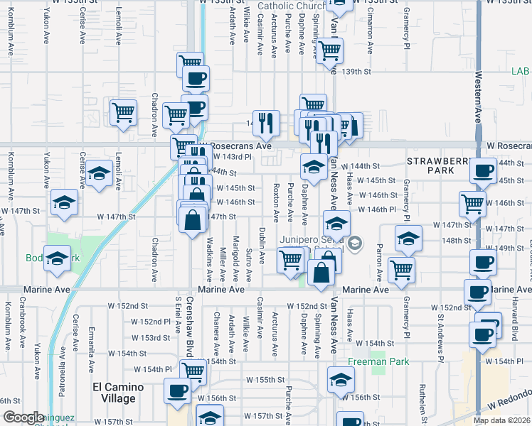 map of restaurants, bars, coffee shops, grocery stores, and more near 14618 Dublin Avenue in Gardena