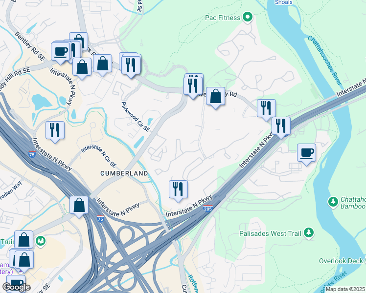map of restaurants, bars, coffee shops, grocery stores, and more near 3303 Shadowood Parkway in Atlanta