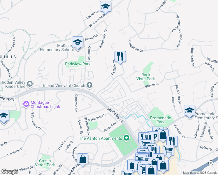 map of restaurants, bars, coffee shops, grocery stores, and more near 2251 Dorado Street in Corona