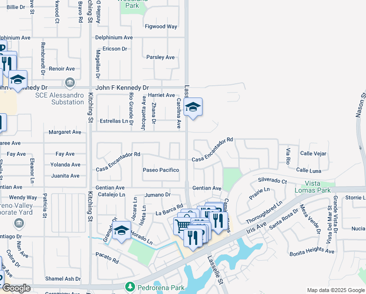 map of restaurants, bars, coffee shops, grocery stores, and more near 15322 Los Estados Street in Moreno Valley