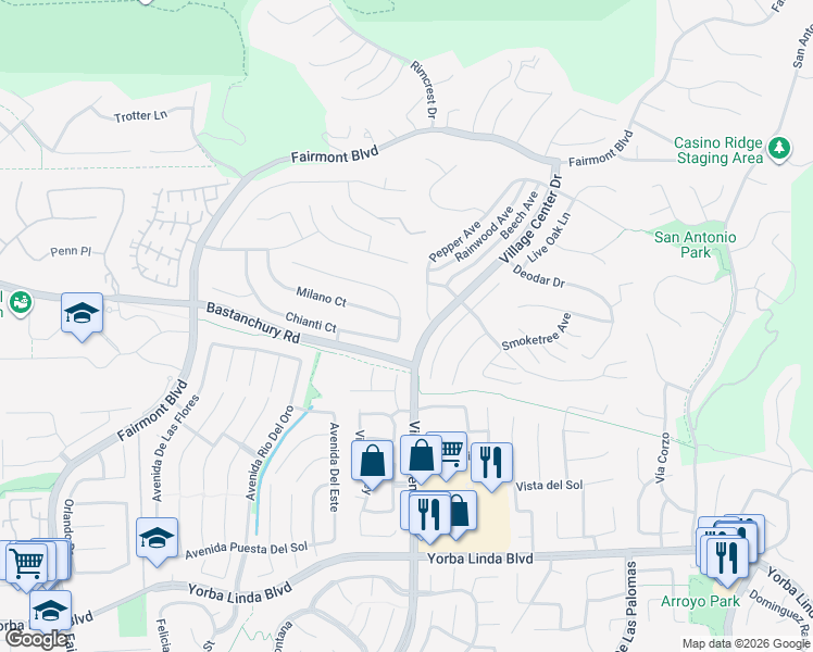 map of restaurants, bars, coffee shops, grocery stores, and more near 4324 Genoa Way in Yorba Linda