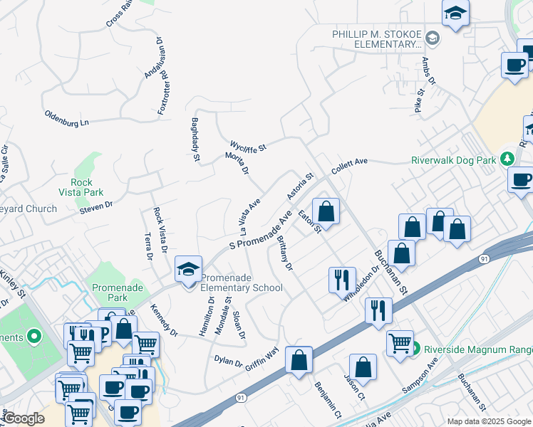 map of restaurants, bars, coffee shops, grocery stores, and more near 2917 Astoria Circle in Corona