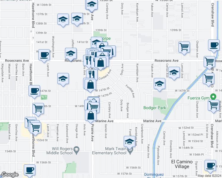map of restaurants, bars, coffee shops, grocery stores, and more near 14707 Doty Avenue in Hawthorne