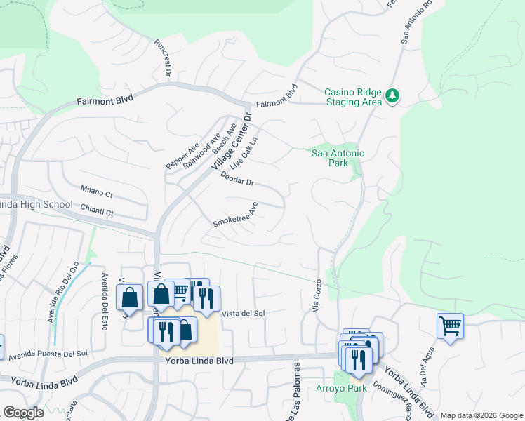 map of restaurants, bars, coffee shops, grocery stores, and more near 4265 Smoketree Avenue in Yorba Linda