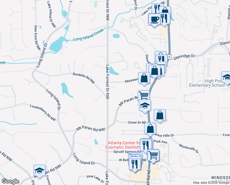 map of restaurants, bars, coffee shops, grocery stores, and more near 5271 Lake Forrest Drive Northwest in Atlanta