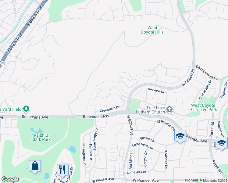 map of restaurants, bars, coffee shops, grocery stores, and more near 2326 Coventry Circle in Fullerton