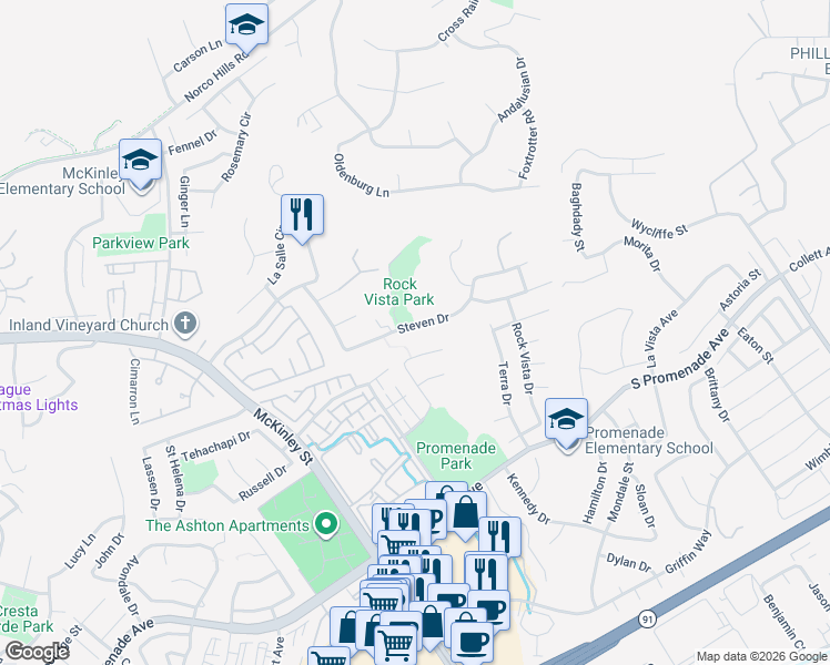 map of restaurants, bars, coffee shops, grocery stores, and more near 2492 Steven Drive in Corona