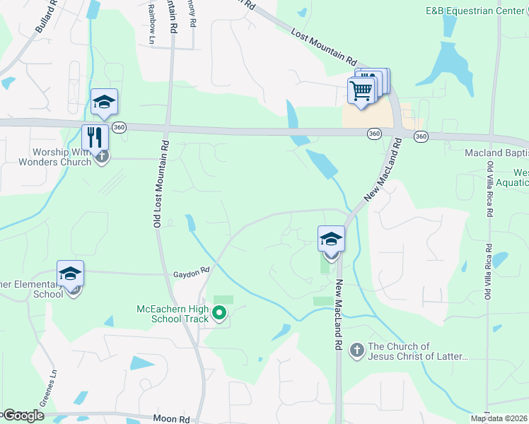 map of restaurants, bars, coffee shops, grocery stores, and more near 4366 Gaydon Road in Powder Springs