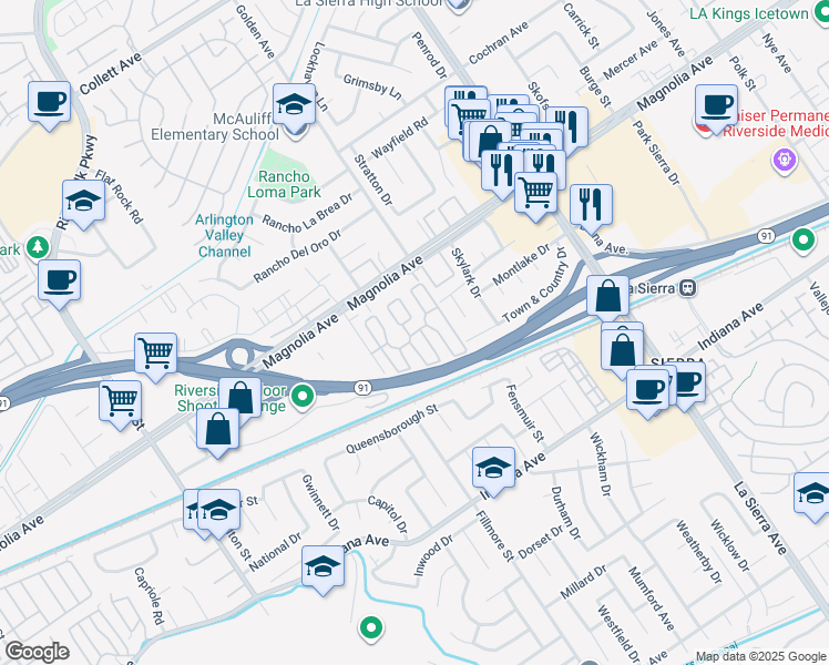 map of restaurants, bars, coffee shops, grocery stores, and more near 3701 Fillmore Street in Riverside