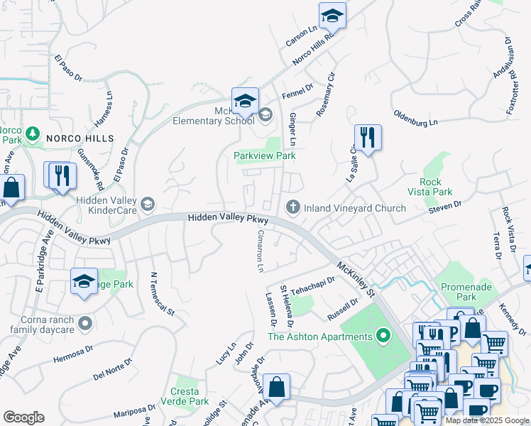 map of restaurants, bars, coffee shops, grocery stores, and more near 1000 Vista Del Cerro Drive in Corona
