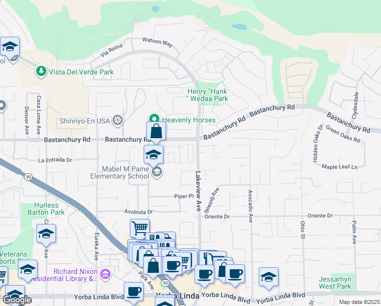 map of restaurants, bars, coffee shops, grocery stores, and more near 4390 Lakeview Avenue in Yorba Linda