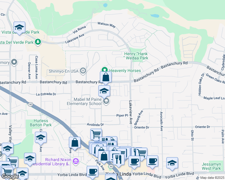 map of restaurants, bars, coffee shops, grocery stores, and more near 18298 Maidenhair Way in Yorba Linda