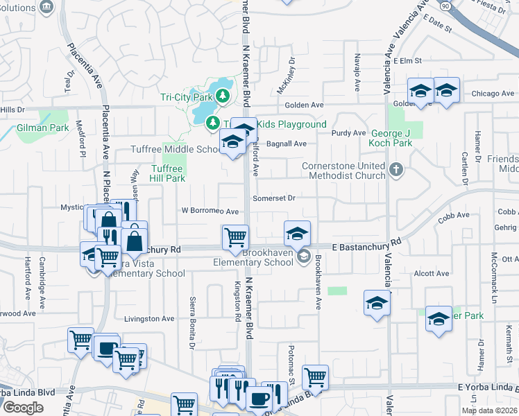 map of restaurants, bars, coffee shops, grocery stores, and more near 225 East Borromeo Avenue in Placentia