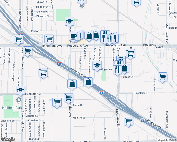 map of restaurants, bars, coffee shops, grocery stores, and more near 14606 Maryton Avenue in Norwalk