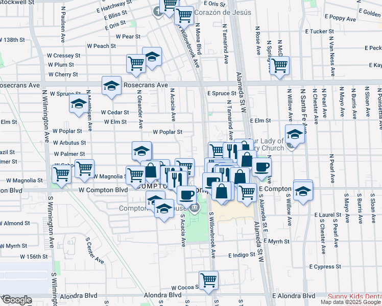 map of restaurants, bars, coffee shops, grocery stores, and more near 400 North Culver Avenue in Compton