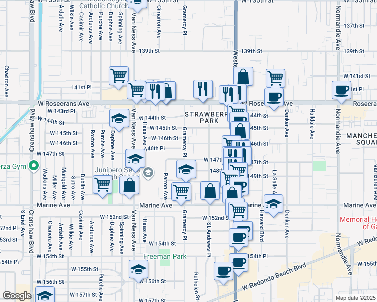 map of restaurants, bars, coffee shops, grocery stores, and more near 1934 West 146th Street in Gardena