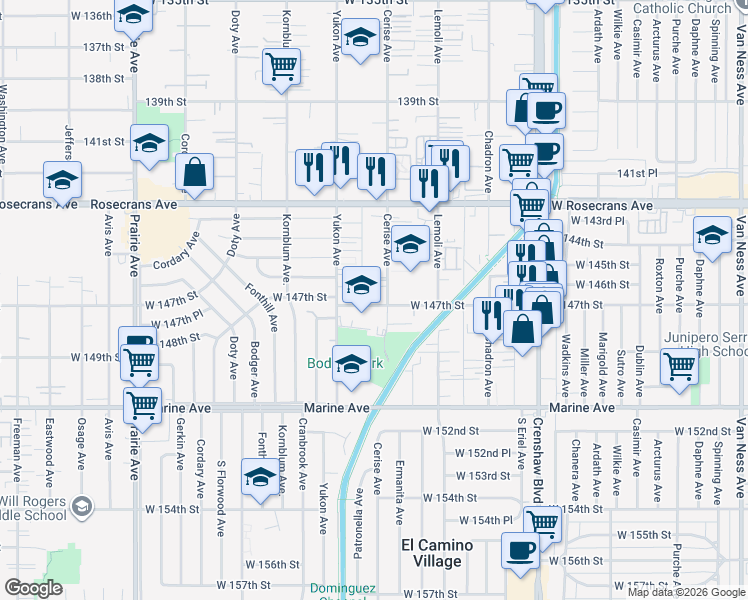 map of restaurants, bars, coffee shops, grocery stores, and more near 3509 West 147th Street in Hawthorne