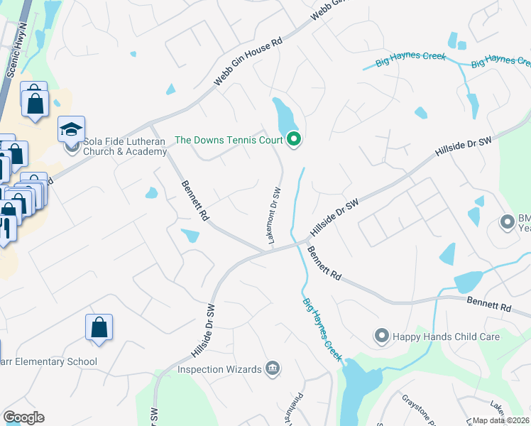 map of restaurants, bars, coffee shops, grocery stores, and more near 1543 Lakemont Drive Southwest in Grayson
