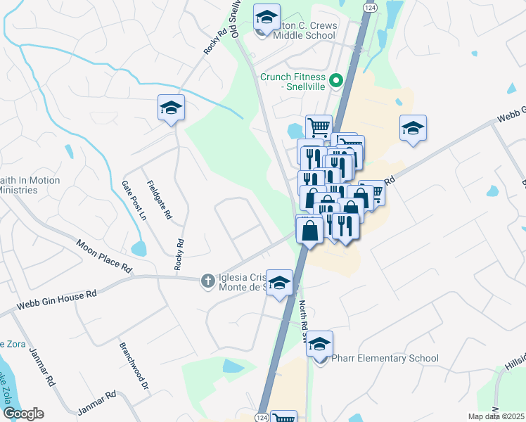 map of restaurants, bars, coffee shops, grocery stores, and more near 1225 Heritage Hills Circle in Snellville