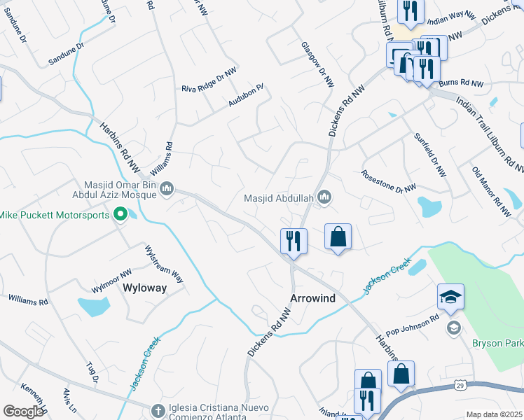 map of restaurants, bars, coffee shops, grocery stores, and more near 5292 Windfield Glen Court Northwest in Lilburn