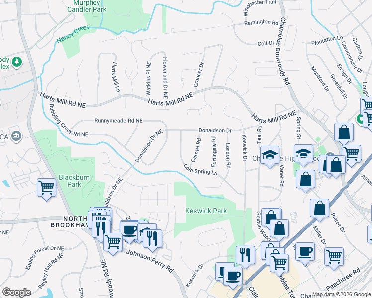 map of restaurants, bars, coffee shops, grocery stores, and more near 3651 Cold Spring Lane in Chamblee