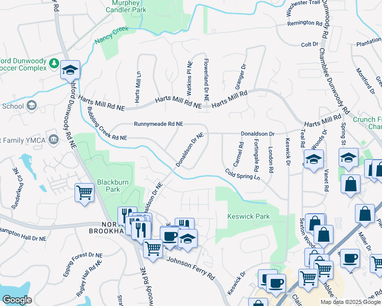 map of restaurants, bars, coffee shops, grocery stores, and more near 3679 Donaldson Drive Northeast in Atlanta