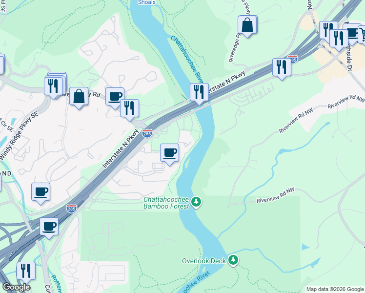 map of restaurants, bars, coffee shops, grocery stores, and more near 1038 Riverbend Club Drive Southeast in Atlanta