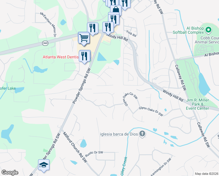 map of restaurants, bars, coffee shops, grocery stores, and more near 1707 Brandon Lee Way in Marietta