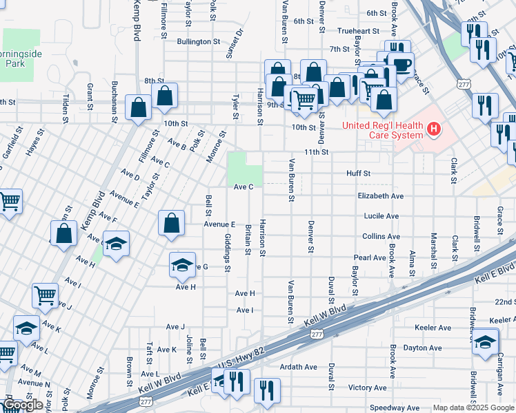 map of restaurants, bars, coffee shops, grocery stores, and more near 1313 Britain Street in Wichita Falls
