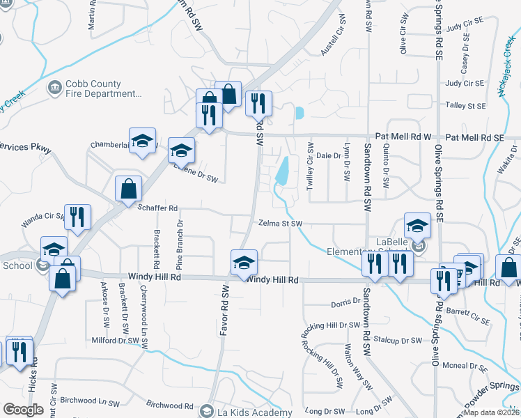 map of restaurants, bars, coffee shops, grocery stores, and more near 2241 Favor Rd SW in Marietta