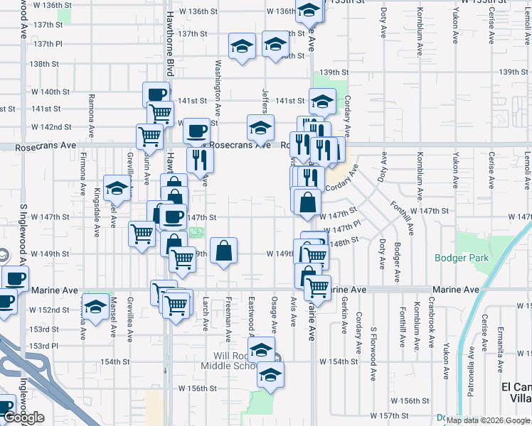 map of restaurants, bars, coffee shops, grocery stores, and more near 4111 West 147th Street in Lawndale