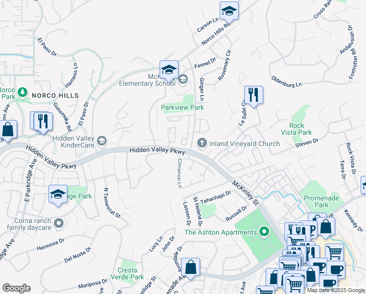 map of restaurants, bars, coffee shops, grocery stores, and more near 1000 Vista Del Cerro Drive in Corona