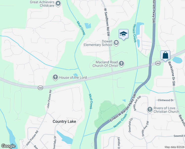 map of restaurants, bars, coffee shops, grocery stores, and more near 2960 Macland Road in Marietta