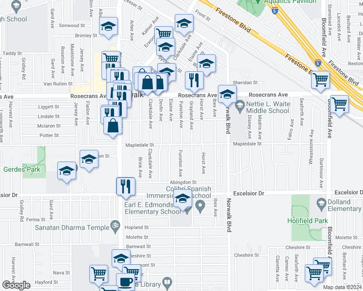 map of restaurants, bars, coffee shops, grocery stores, and more near 14602 Funston Avenue in Norwalk