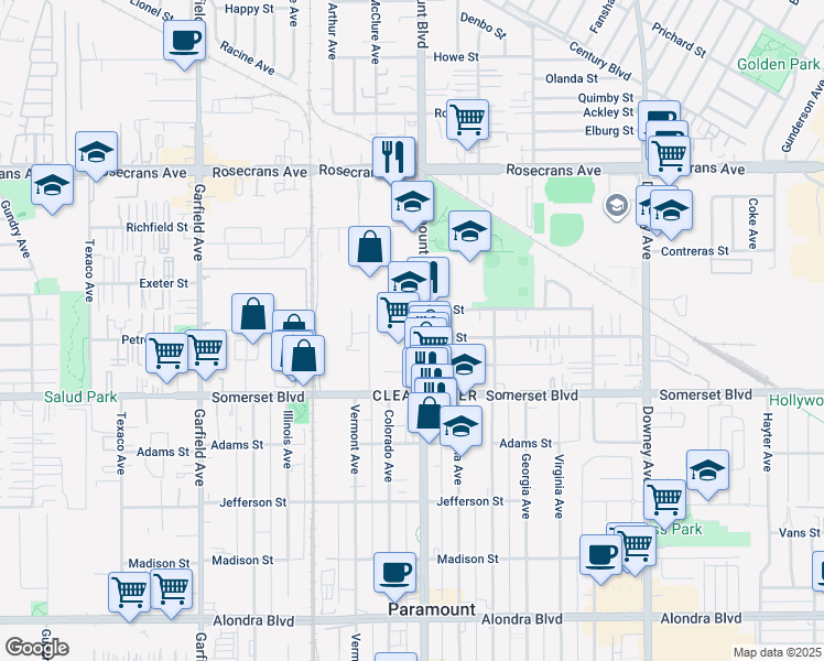 map of restaurants, bars, coffee shops, grocery stores, and more near 14817 Paramount Boulevard in Paramount