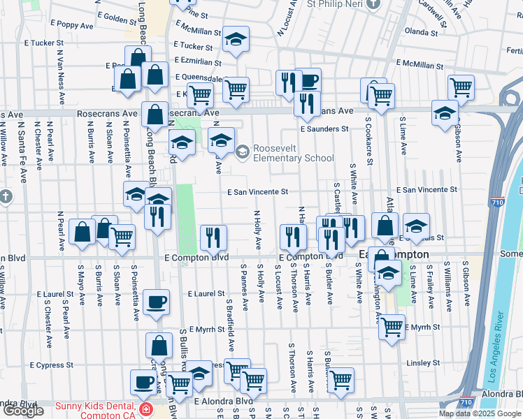 map of restaurants, bars, coffee shops, grocery stores, and more near 314 North Holly Avenue in Compton