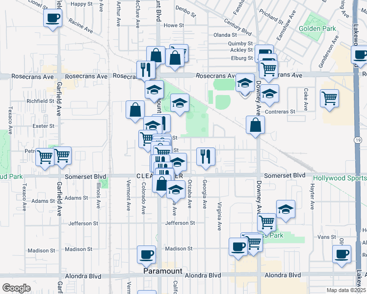 map of restaurants, bars, coffee shops, grocery stores, and more near 8059 2nd Street in Paramount