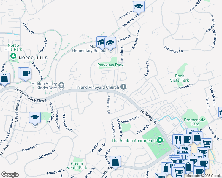 map of restaurants, bars, coffee shops, grocery stores, and more near 1000 Vista Del Cerro Drive in Corona