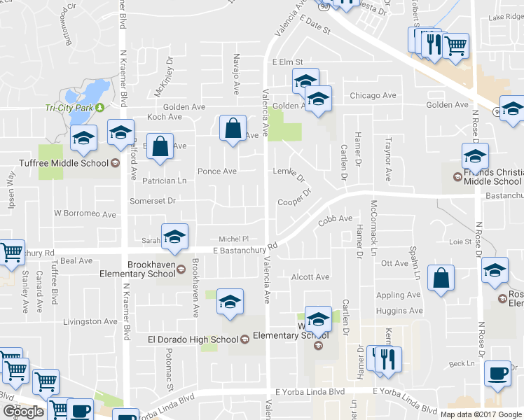 map of restaurants, bars, coffee shops, grocery stores, and more near 538 Somerset Drive in Placentia